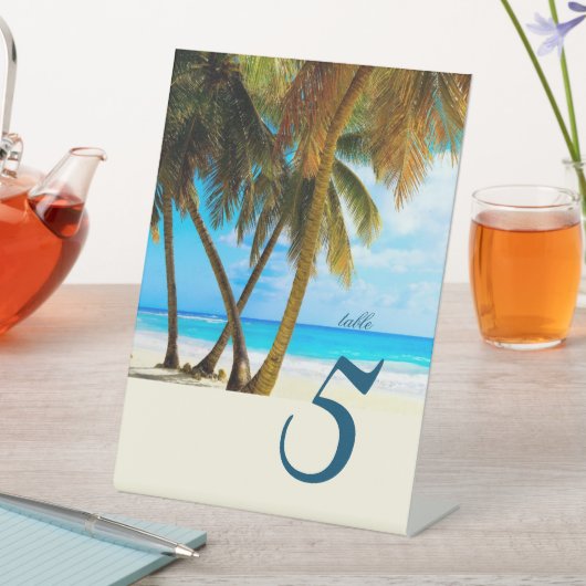 Beach, Palm Trees Ocean Wedding Table Number Reclamebord Met Voetstuk (Insitu)
