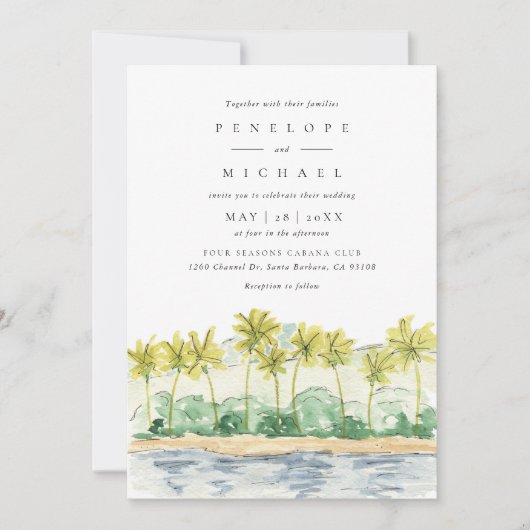 Beach Palm Trees Tropical Waterverf Wedding Kaart (Voorkant)