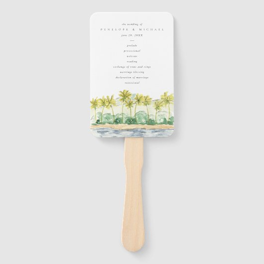 Beach Palm Trees Tropical Wedding Programme Hand F Handwaaier (Voorkant)