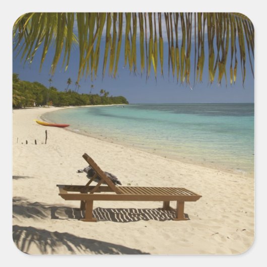 Beach, palmbomen en lounger vierkante sticker (Voorkant)