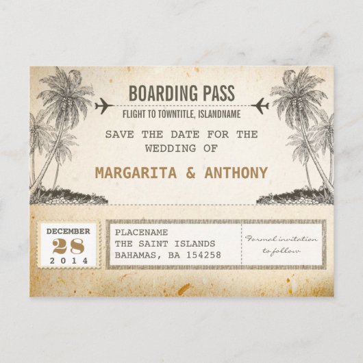 Beach Palms  Boarding Pass Bewaar de datum Aankondigingskaart (Voorkant)