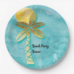 Beach Party Bunco Blauw Waterverf Gouden Palm Papieren Bordje