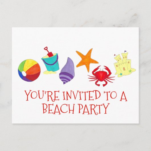 Beach Party Crab Starfish Sun Invitation Shell Uitnodiging Briefkaart (Voorkant)