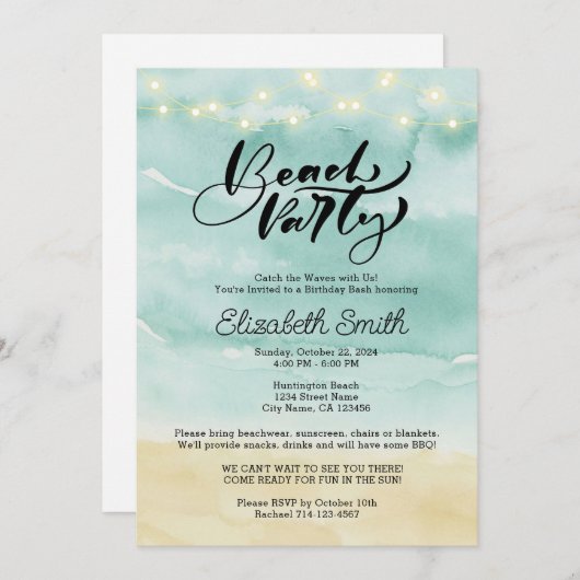 Beach Party Digital Invitation Card (Devant / Derrière)