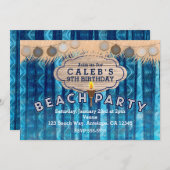 BEACH PARTY Retro Blue Waves Verjaardag Uitnodigin Kaart (Voorkant / Achterkant)