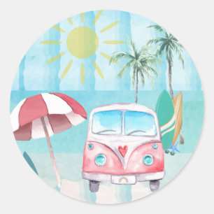 Beach Party Summer Fun Ocean and Palm Trees Ronde Sticker