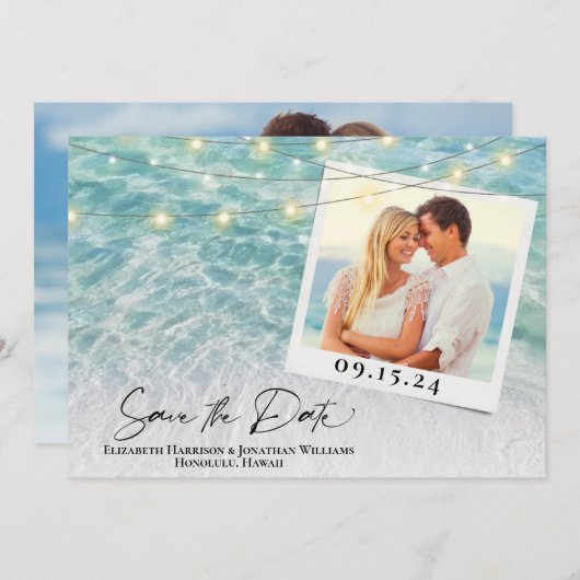 Beach Photo Palm String Lights Destination Wedinat Save The Date (Voorkant / Achterkant)