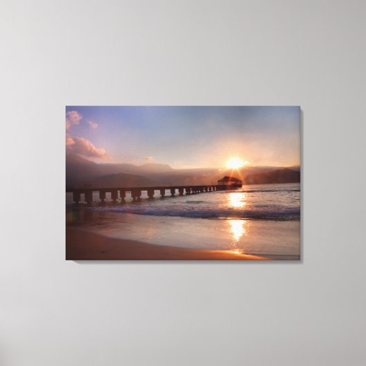 Beach pier bij zonsondergang, Hawaii Canvas Afdruk (Voorkant)