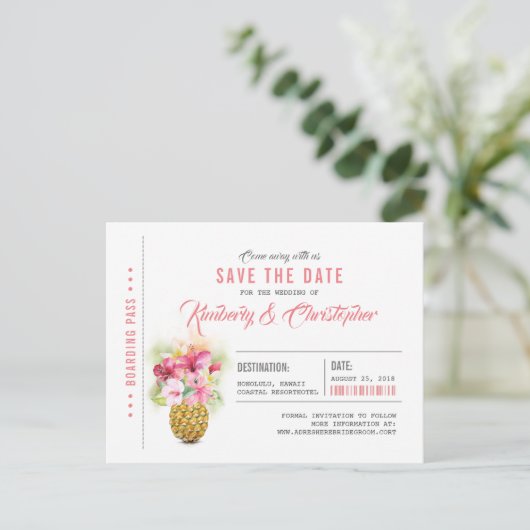 Beach Pineapple Boarding Pass Ticket Save the Date Aankondigingskaart (Staand voorkant)