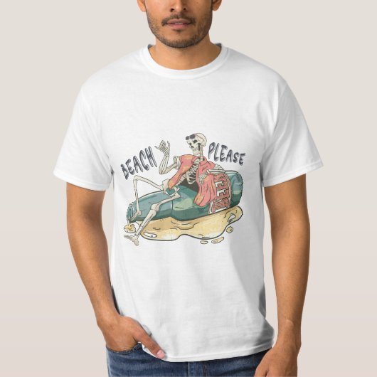 "Beach Please" Skelet & Bier T-shirt (Voorkant)