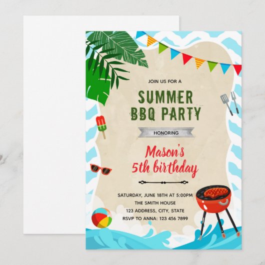 Beach pool bbq invitation anniversaire (Devant / Derrière)