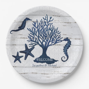 Beach Rustic Wedding Navy Blue Waterverf Seahorse Papieren Bordje