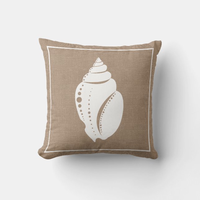 Beach Rustic White Seashell & Faux Burlap Kussen (Voorkant)