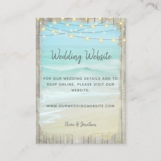 Beach Rustic Wood Aqua Blue Waves Weddenschap Webs Informatiekaartje (Voorkant)