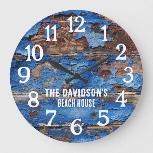 Beach Rustic Wood Blue en Brown Custom Clock Grote Klok (Voorkant)