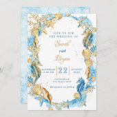 Beach Sand Elegant Blauwgroen Gold Wedding Invitat Kaart (Voorkant / Achterkant)