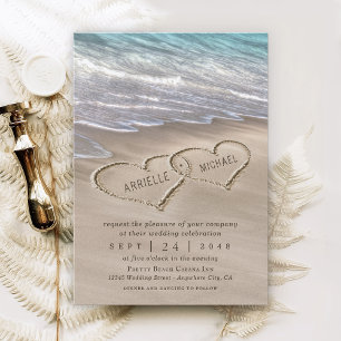 Beach Sand Hearts Elegant Tropical Modern Wedding Kaart