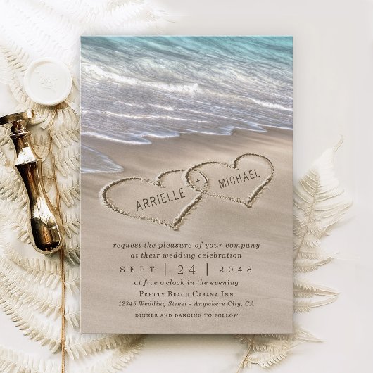 Beach Sand Hearts Elegant Tropical Modern Wedding Kaart