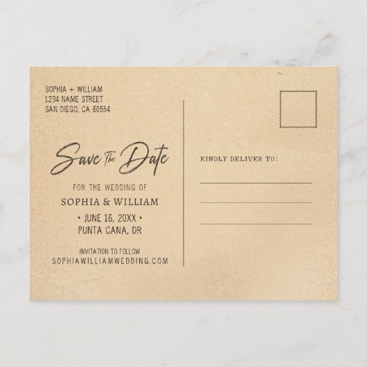 Beach Sand Hearts Palm Save the Date Aankondiging Briefkaart (Achterkant)