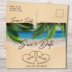 Beach Sand Hearts Palm Save the Date Aankondiging Briefkaart