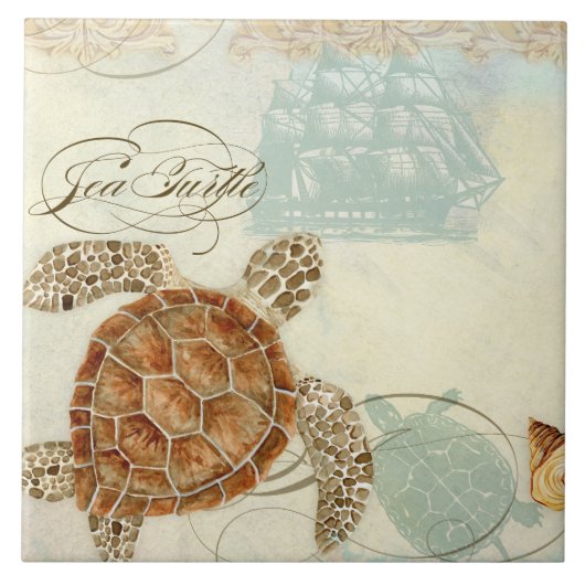 Beach Sand Seashore Collage Turtle Zee Horse Shell Tegeltje (Voorkant)