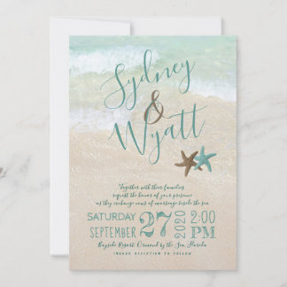Beach Sand Typography Starfish Wedding Invitation Kaart