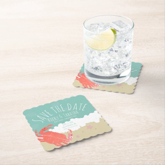 Beach Save the Date Crab Sand Ocean Waves Kartonnen Onderzetters (Insitu)