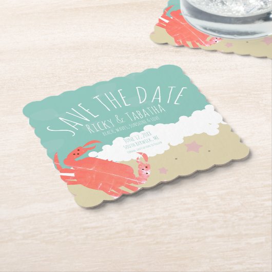 Beach Save the Date Crab Sand Ocean Waves Kartonnen Onderzetters (Gebogen)