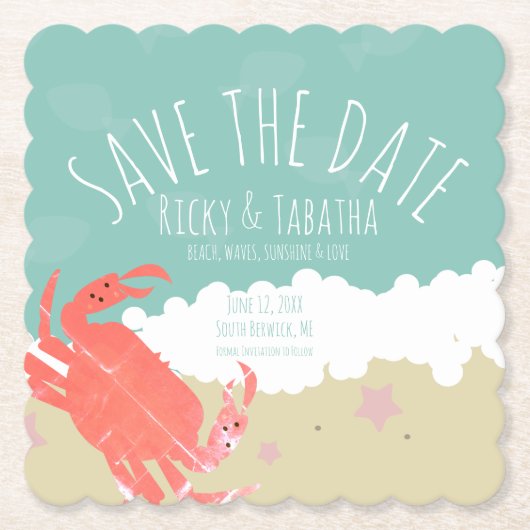 Beach Save the Date Crab Sand Ocean Waves Kartonnen Onderzetters (Voorkant)
