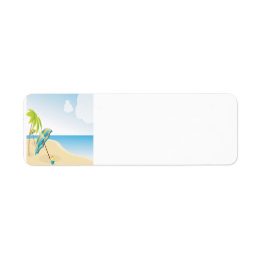 Beach scene met Umbrella, palmbomen en strand Etiket (Voorkant)