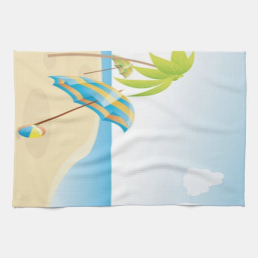 Beach scene met Umbrella, palmbomen en strand Theedoek (Horizontaal)