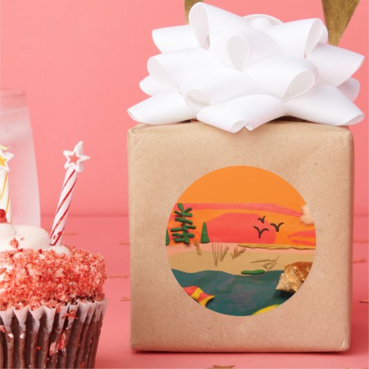 Beach Scene Natuur Shell Clay Folk Art Ronde Sticker (Feest)