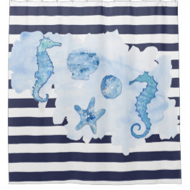 Beach Seahorse Waterverf Starfish Navarra Blue Whi Douchegordijn