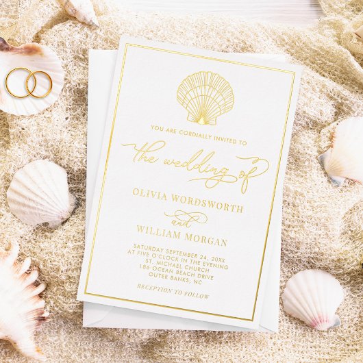 Beach Seashell Elegant Wedding Folie Uitnodiging