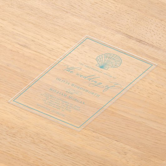 Beach Seashell Elegant Zee Glass Blue Weddenschap Acryl Uitnodigingen (Laagn)