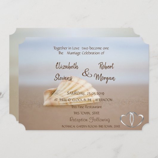 Beach Seashell, Hearts Faire-part de mariage (Devant / Derrière)