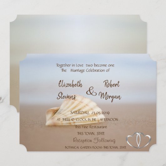 Beach Seashell , Hearts Wedding Invitation Kaart (Voorkant / Achterkant)