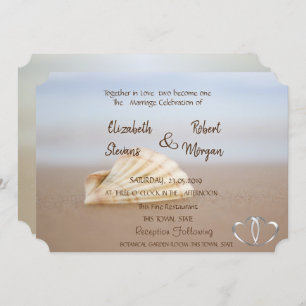 Beach Seashell , Hearts Wedding Invitation Kaart