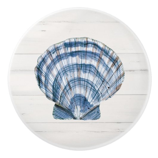 Beach Seashell Modern Navy Blue Barn Wood Keramische Knop (Voorkant)