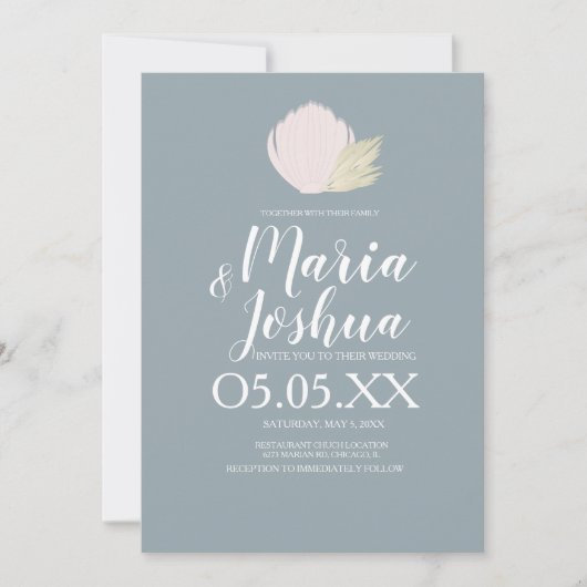 Beach Seashell Pampas Muted Wedding Invitation Kaart (Voorkant)