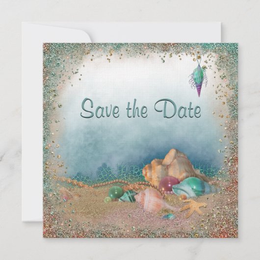 Beach Seashells en Glitter Save the Date Weddensch (Voorkant)