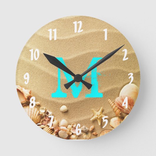 Beach Seashells Hawaii Monogram Initiaal Wall Cloc Ronde Klok (Voorkant)
