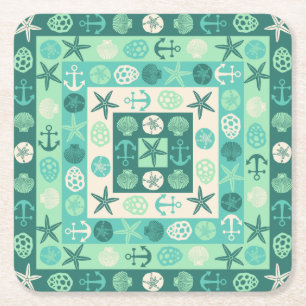 Beach Seashells Nautical Moderne Blauwgroen Green Vierkante Kartonnen Onderzetter