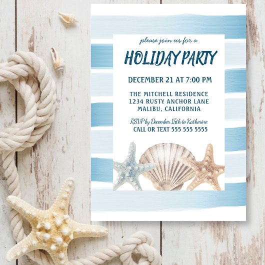 Beach Seashells Nautical Stripes Holiday Party Kaart