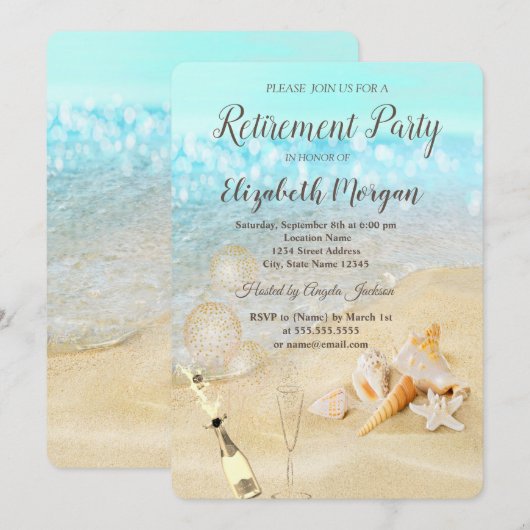Beach Seashells Sand Balloons, Wine Retirement Kaart (Voorkant / Achterkant)