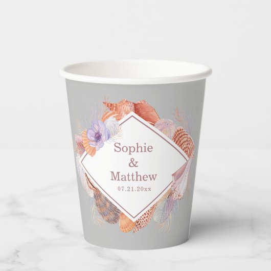 Beach Seashells Waterverf Coastal Chic Wedding Papieren Bekers (Achterkant)
