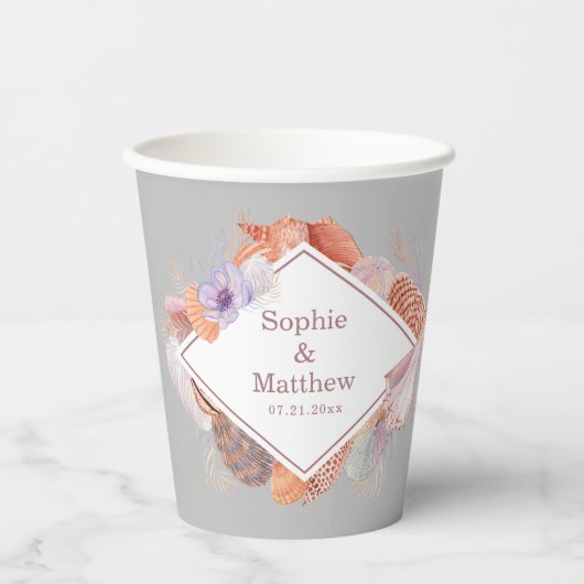 Beach Seashells Waterverf Coastal Chic Wedding Papieren Bekers (Voorkant)