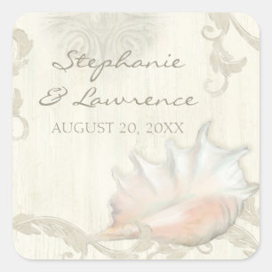 Beach Seashore Shell Wooden Wedding Vrijgezellenfe Vierkante Sticker