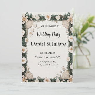 Beach Shell & Floral Frame Engagement Invitation