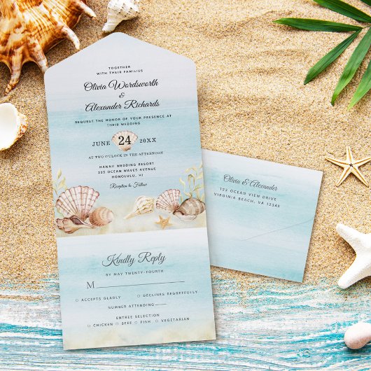 Beach Shells Ocean Tropical Waterverf Wedding All In One Uitnodiging
